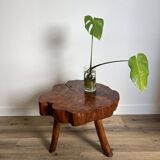 Brutalist coffee table, elm slice, tripod, 1960s