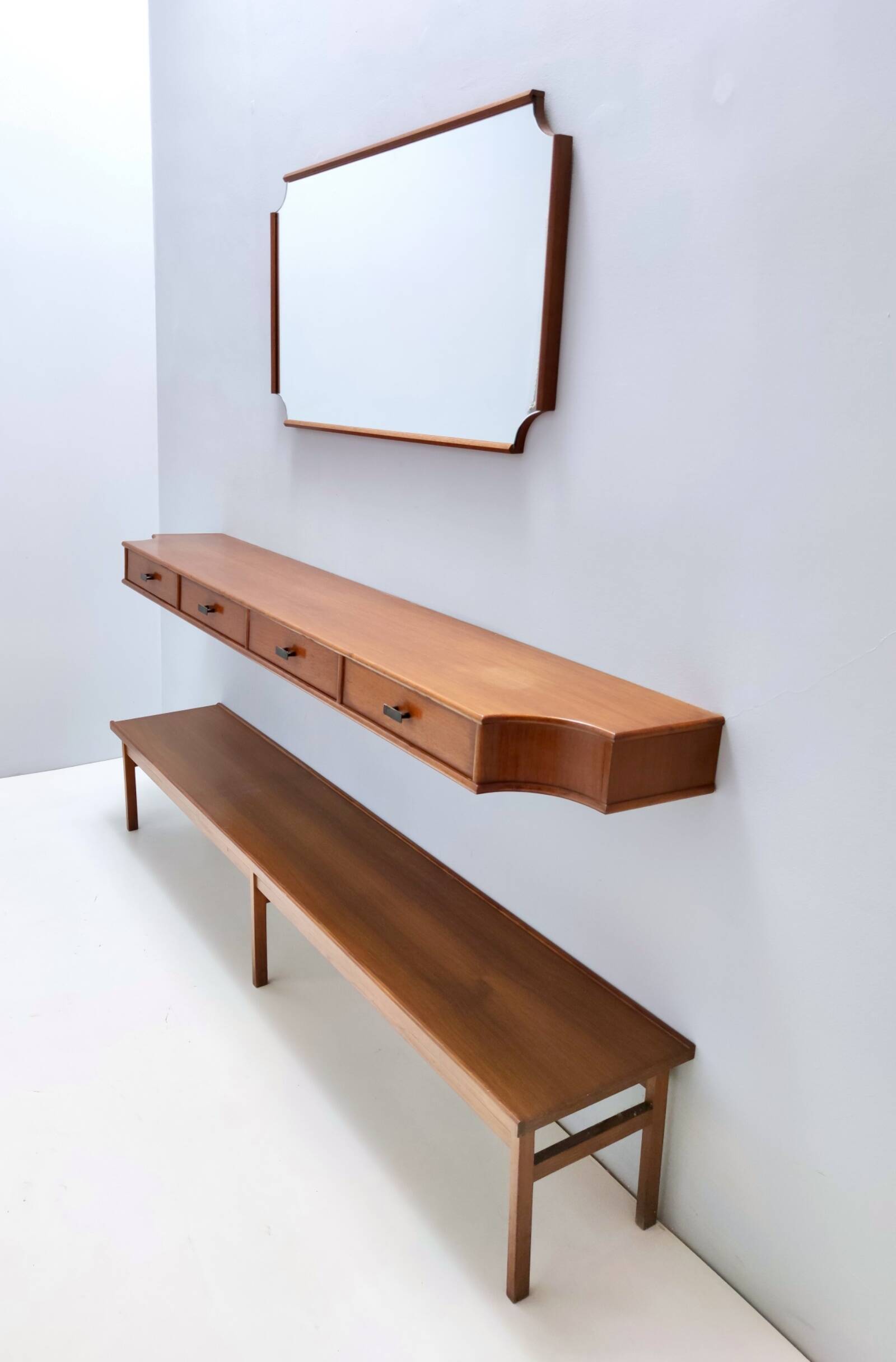 Entryway Set of Wall Mirror, Walnut Console and Bench by Brugnoli, Italy