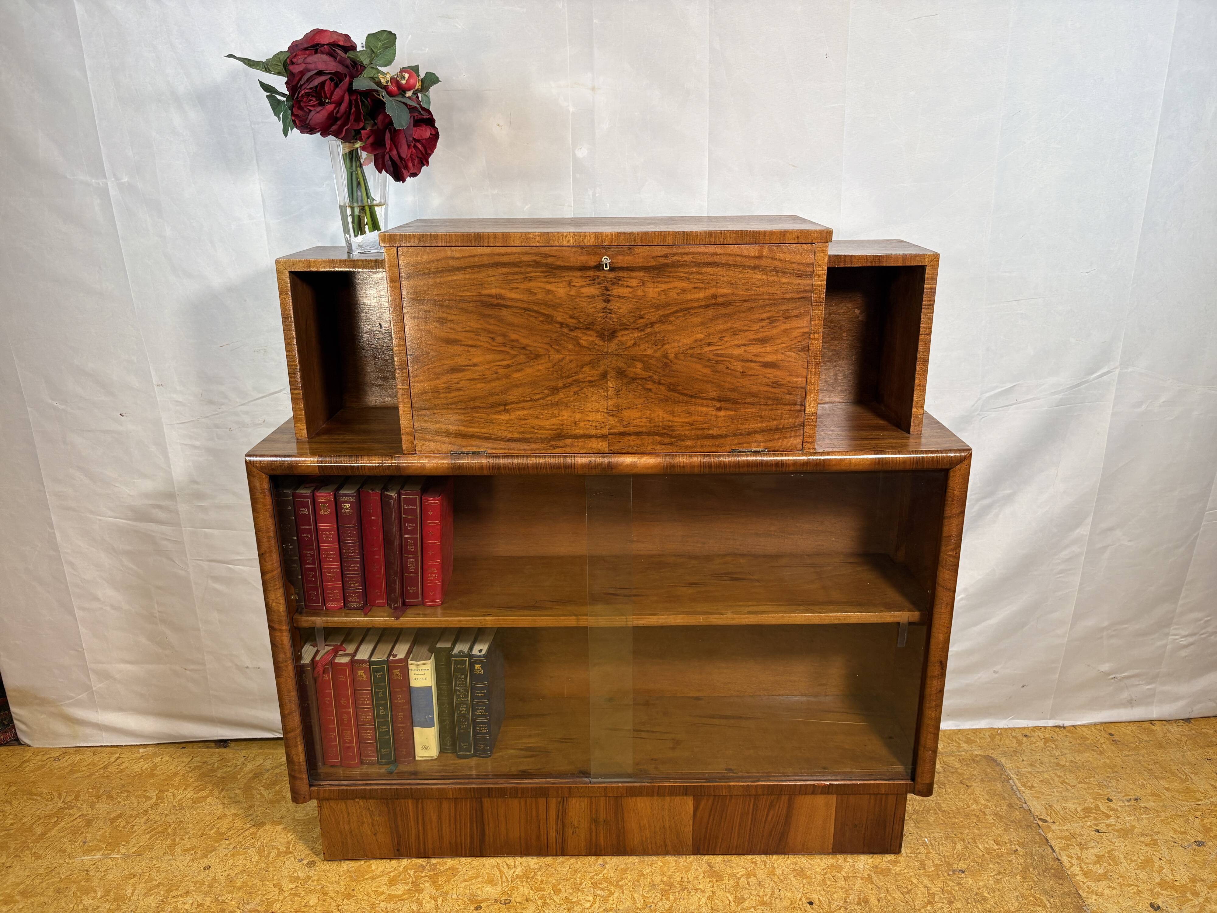 Art Deco Vintage 1930s Burr Walnut Bureau Display Cabinet Fall Front