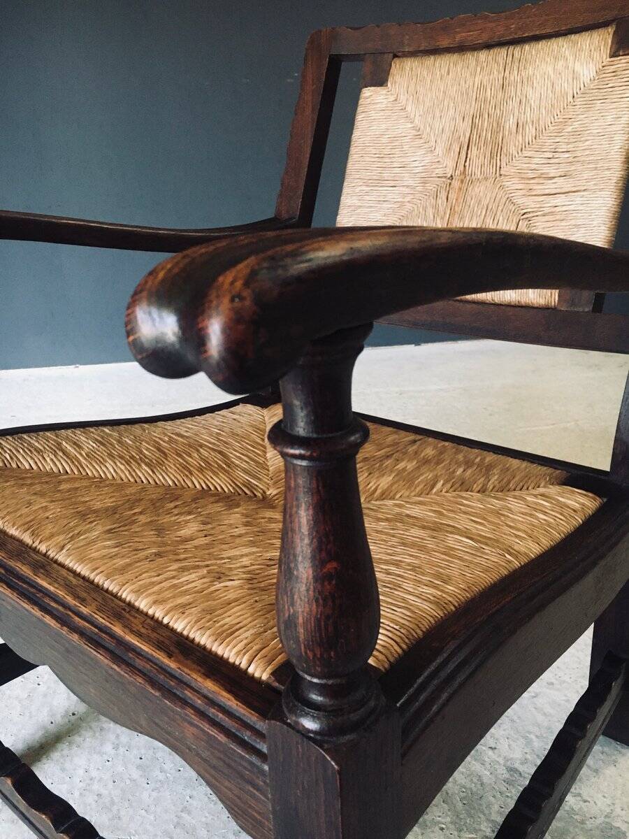 Low Arts & Crafts Oak & Rush Armchair, Belgium 1920s