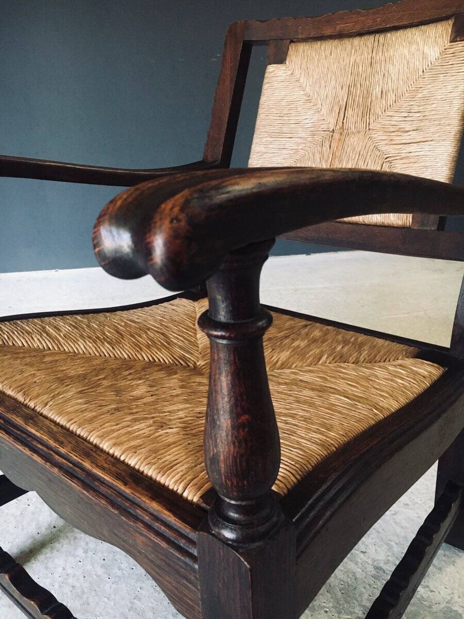 Low Arts & Crafts Oak & Rush Armchair, Belgium 1920s