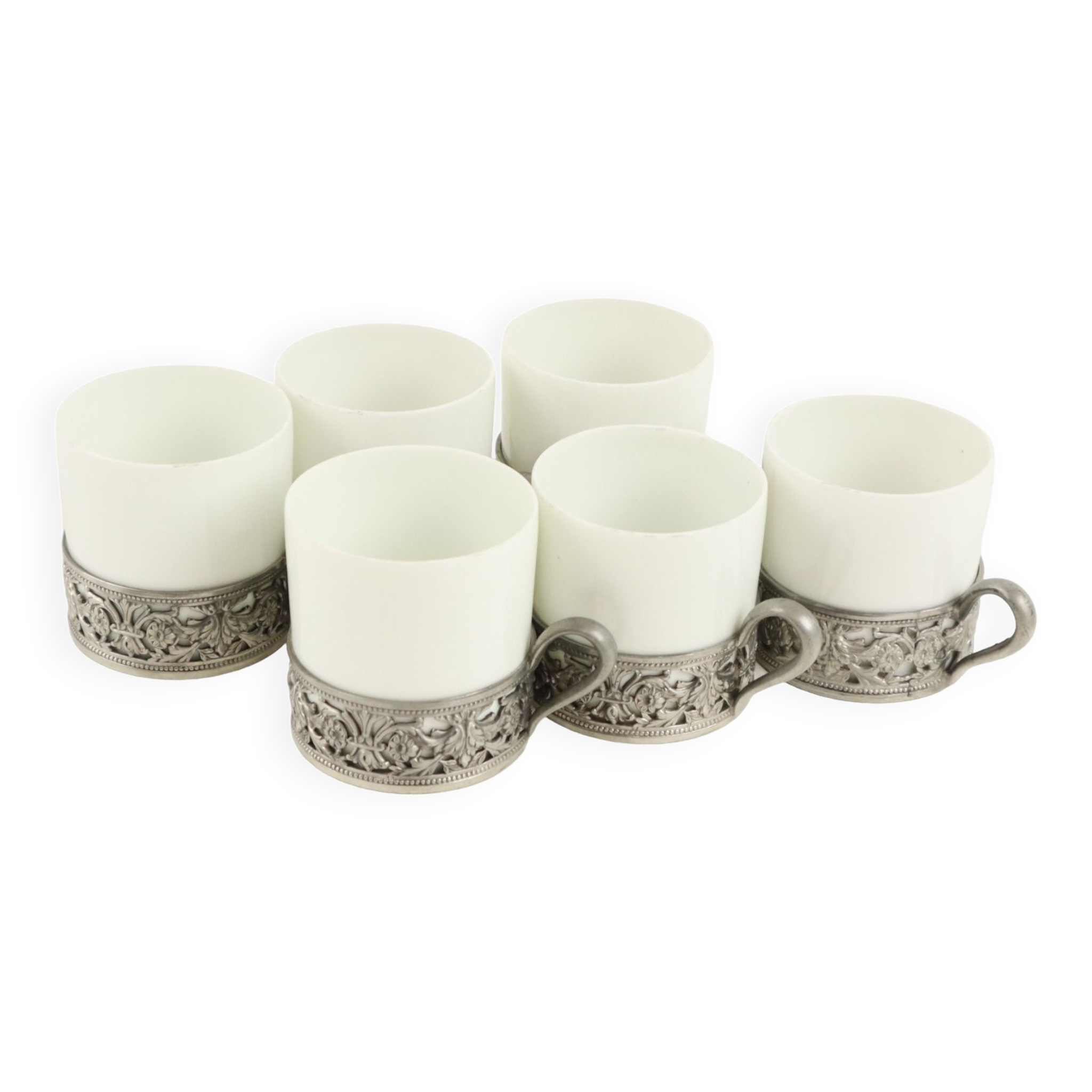 Vintage Set of 6 Pewter Cup Holders with Limoges Porcelain Cups