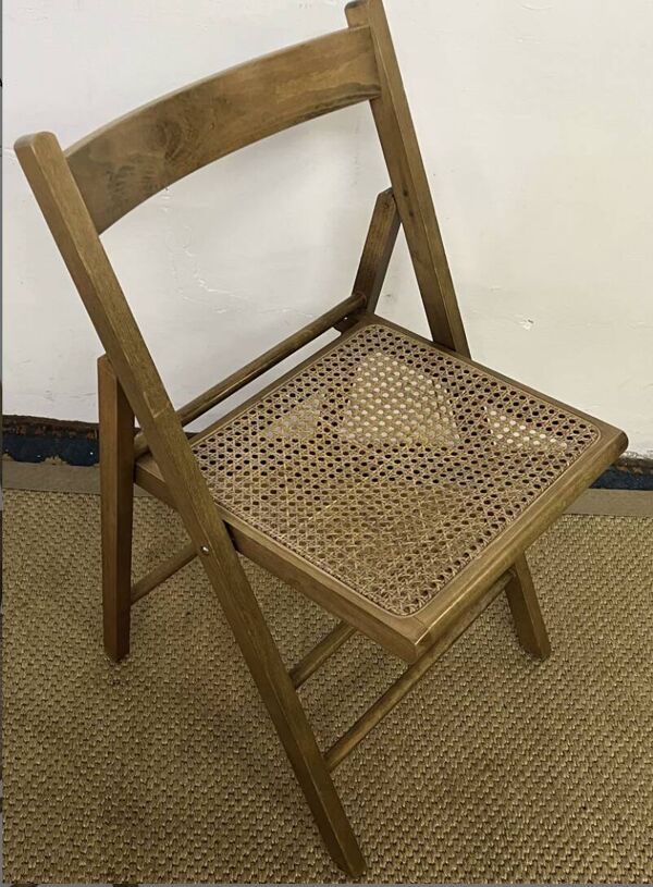 Chaise pliante en bois et cannage vintage