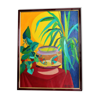 Painting signed "Still life with fish"