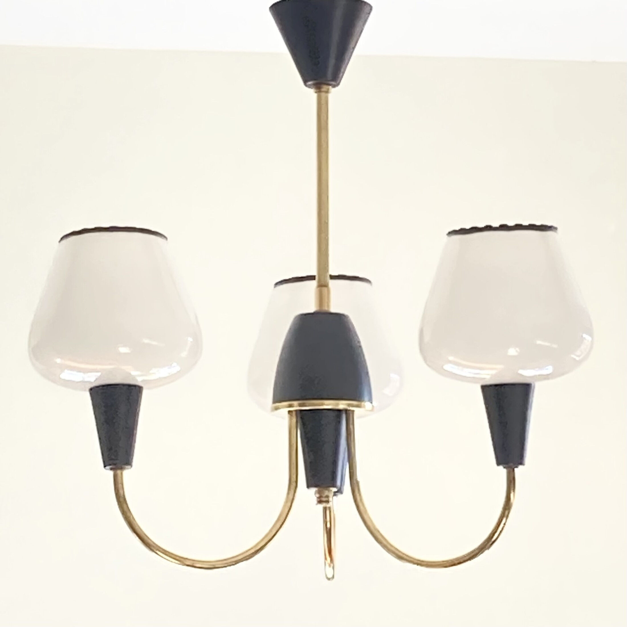 Brass chandelier and black metal tulips in white opaline glass 1950 1960 vintage suspension
