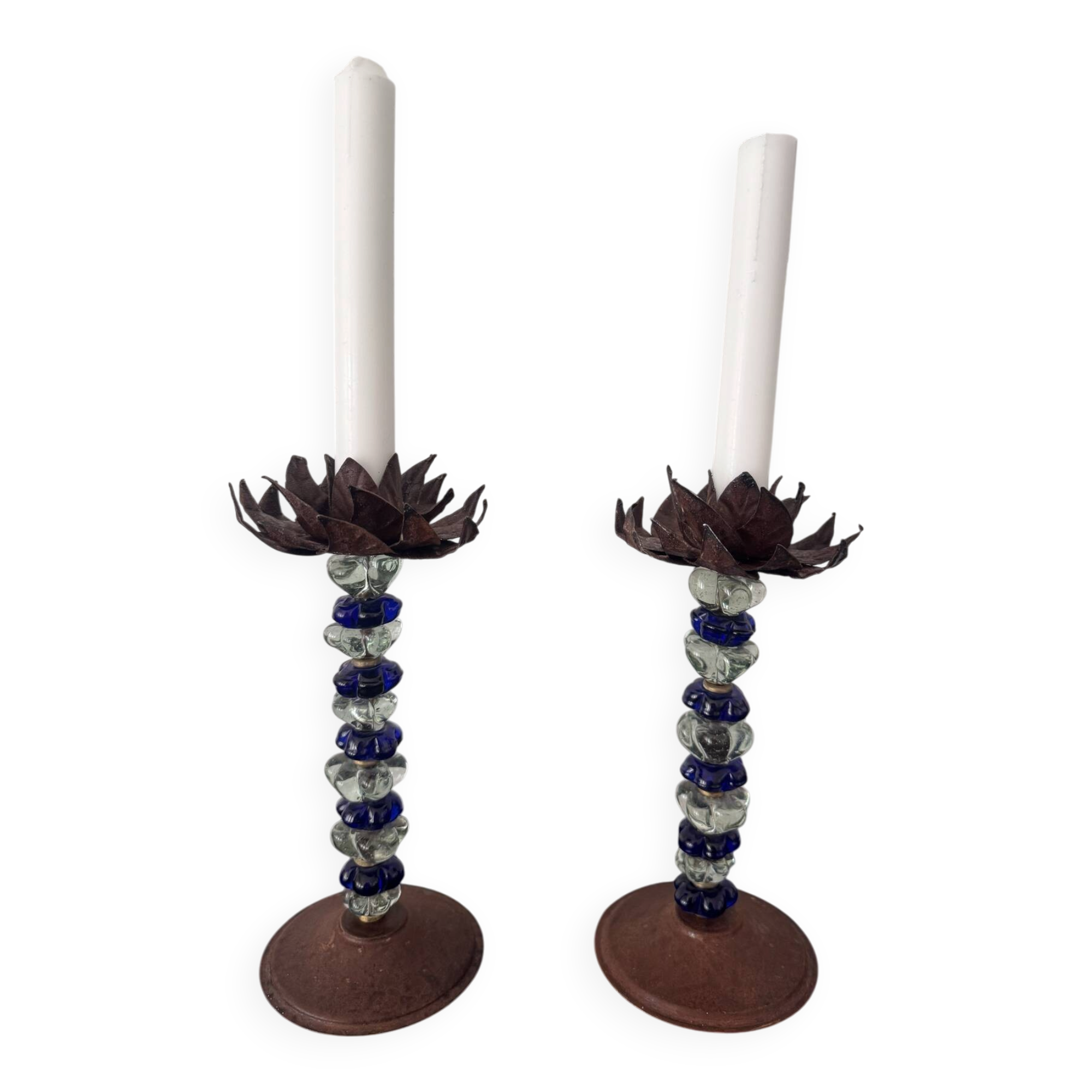 Pair of mid-century candlesticks in brass and glass beads, base in