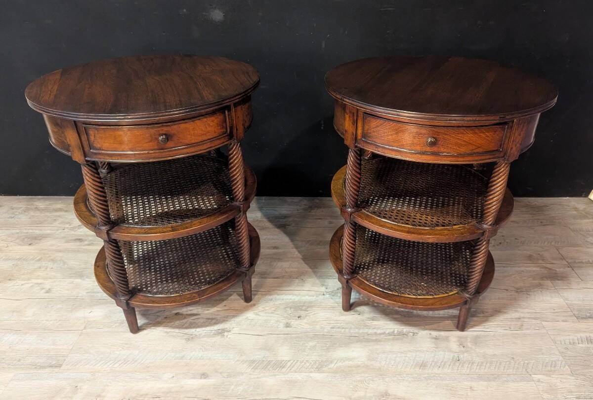 Pair of oval mahogany side tables with caned shelves – 19th century