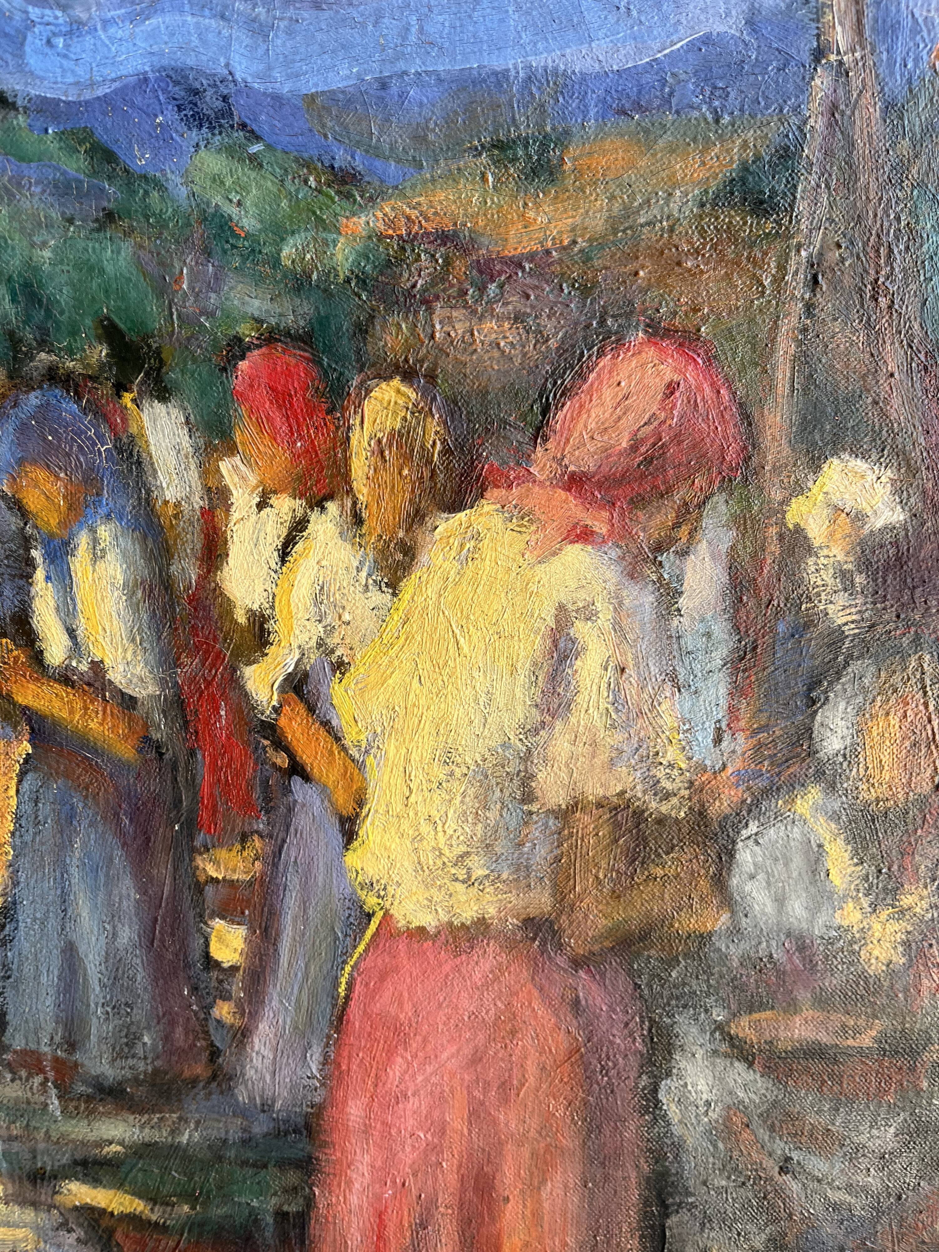 Painting, oil on canvas, The market, 20th century, oil on paper, signed, 26.5x26.5cm, with frame