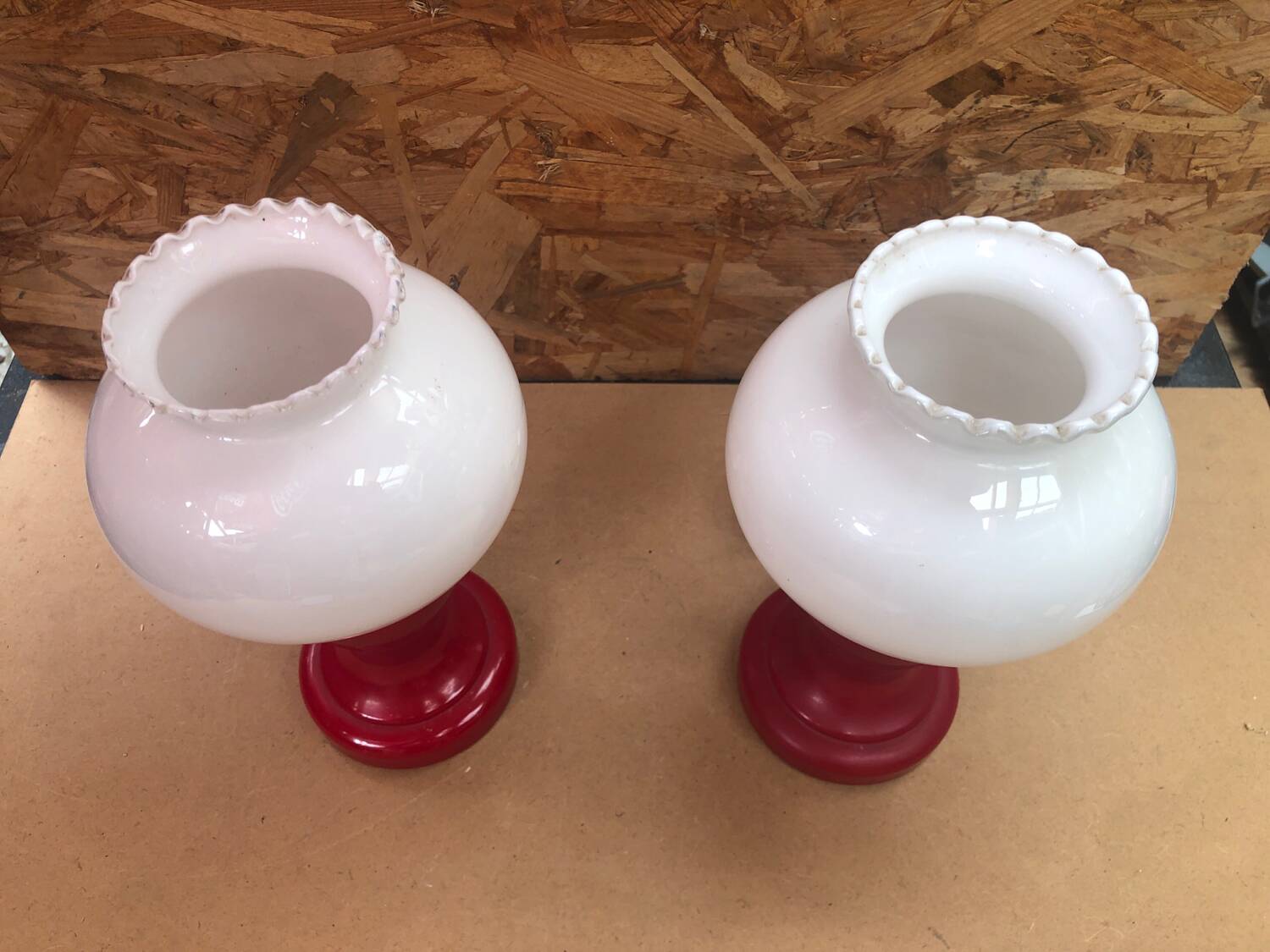 Pair of Old Red & White Opaline Bedside Lamps 1970s Vintage #A982
