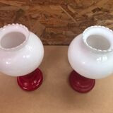 Paire Ancienne Lampe De Chevet Opaline Rouge & Blanc Années 70 Vintage #A982