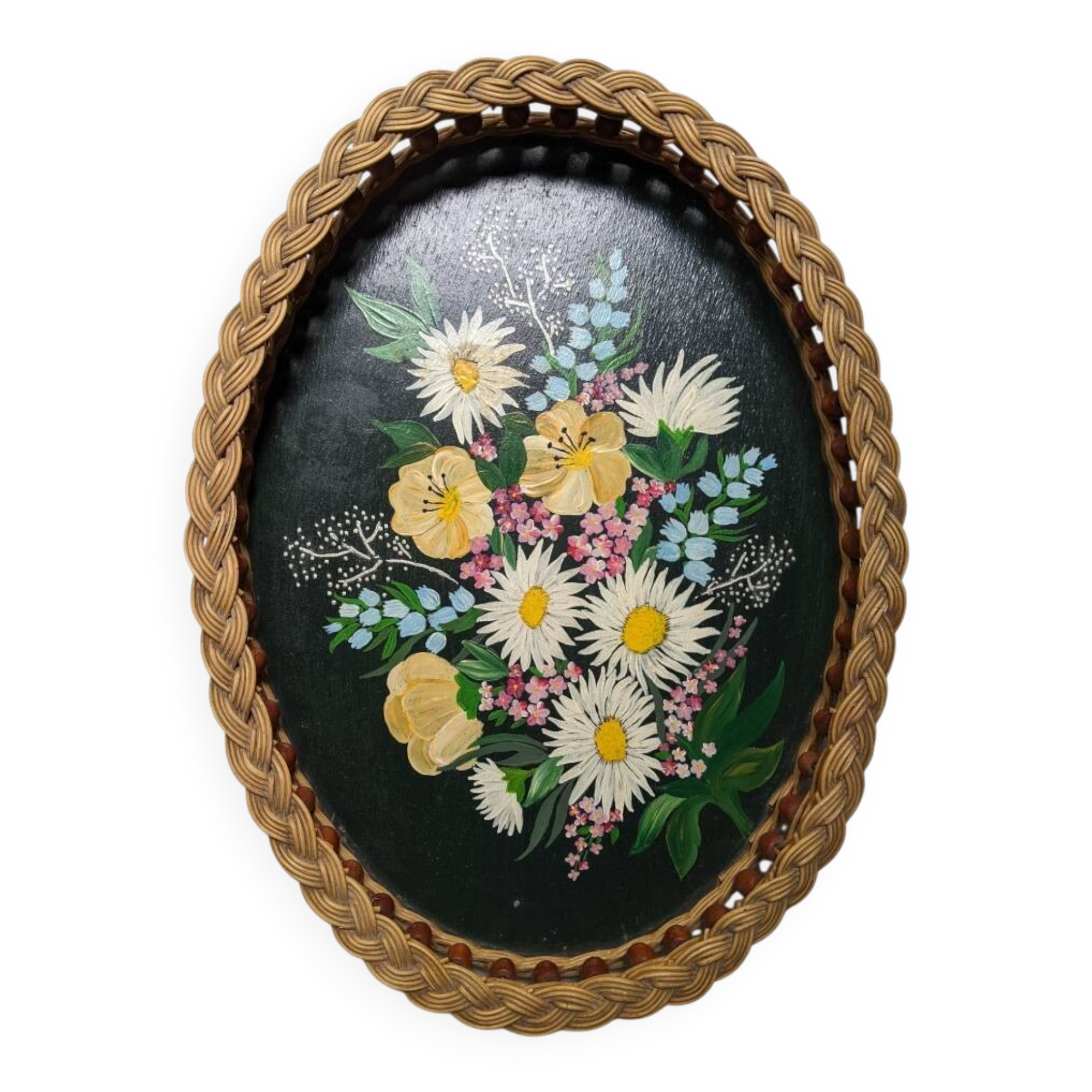 Serving tray with floral decoration, handmade braiding, bohemian countryside