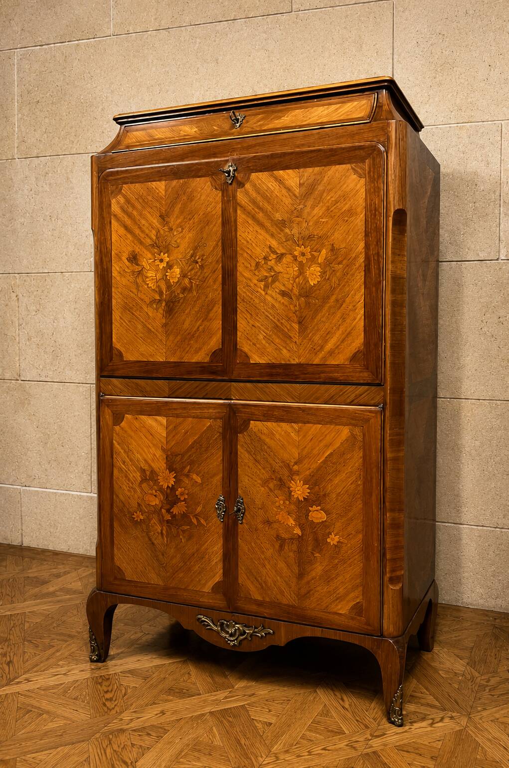 Marquetry drop-leaf secretary in Louis XV style circa 1900.