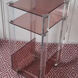 Transparent and smoked two-tone plexiglass console on wheels, 70 years