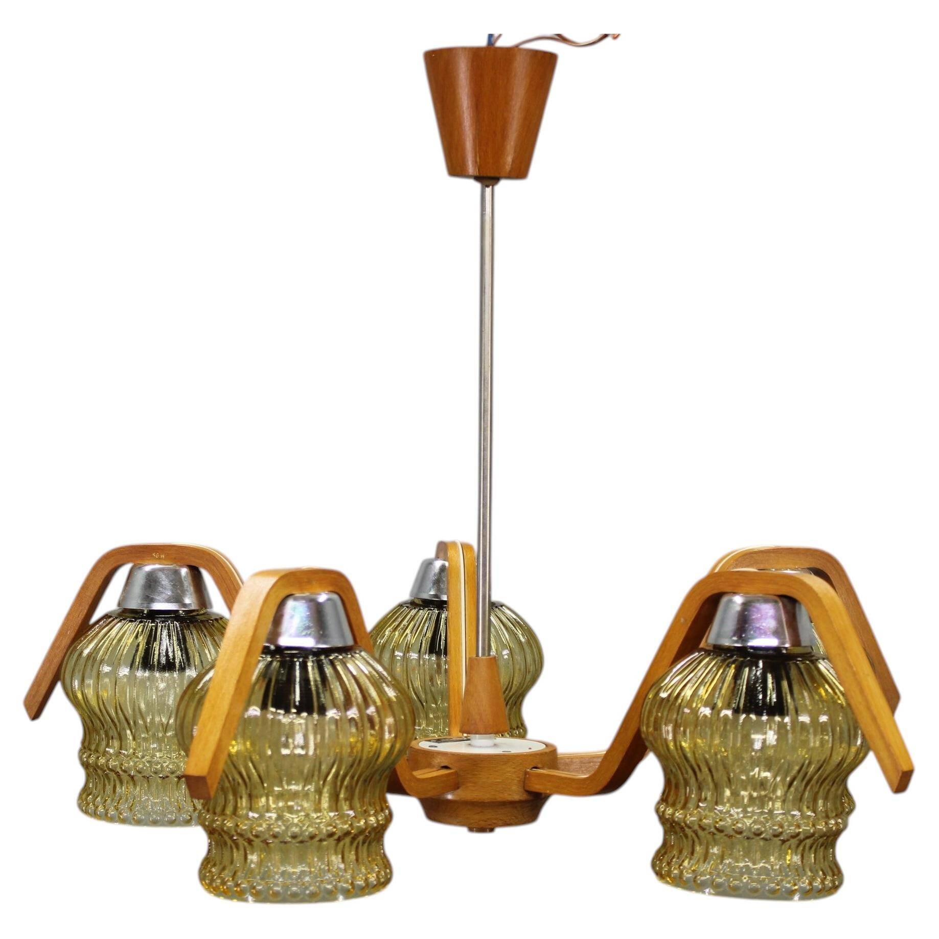 Mid Century Czech Wood Glass Chandelier, 1970s Restored