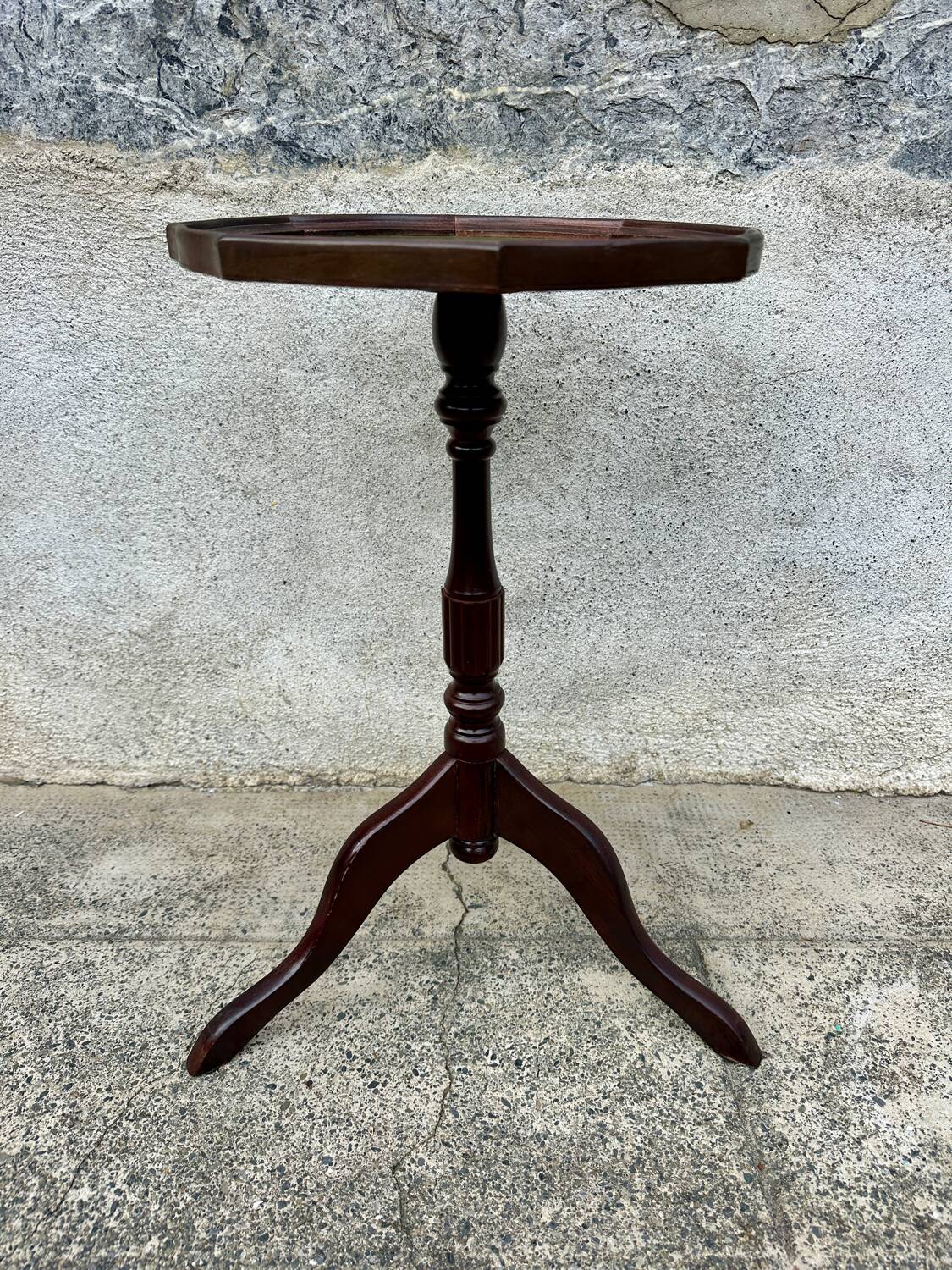 Small antique wooden and leather pedestal table, vintage wine side table
