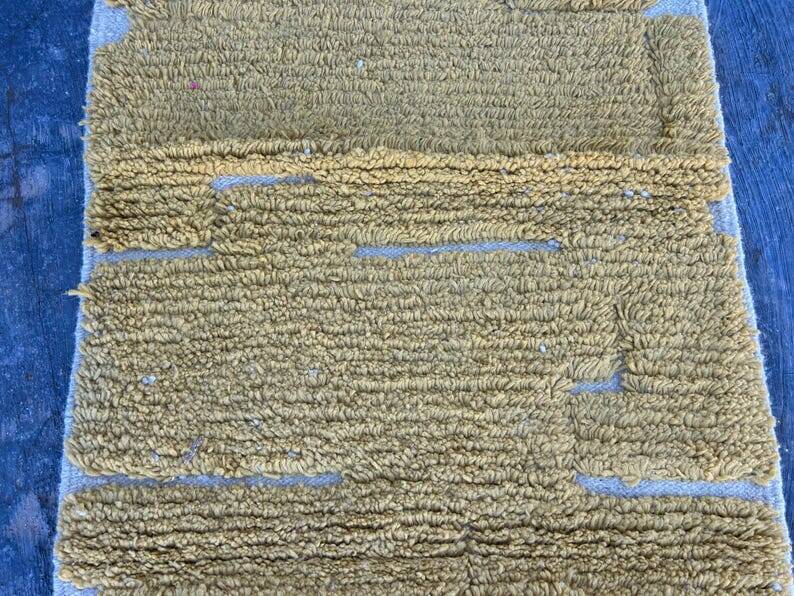 Handmade pure wool carpet in mustard yellow, size 75/300cm.