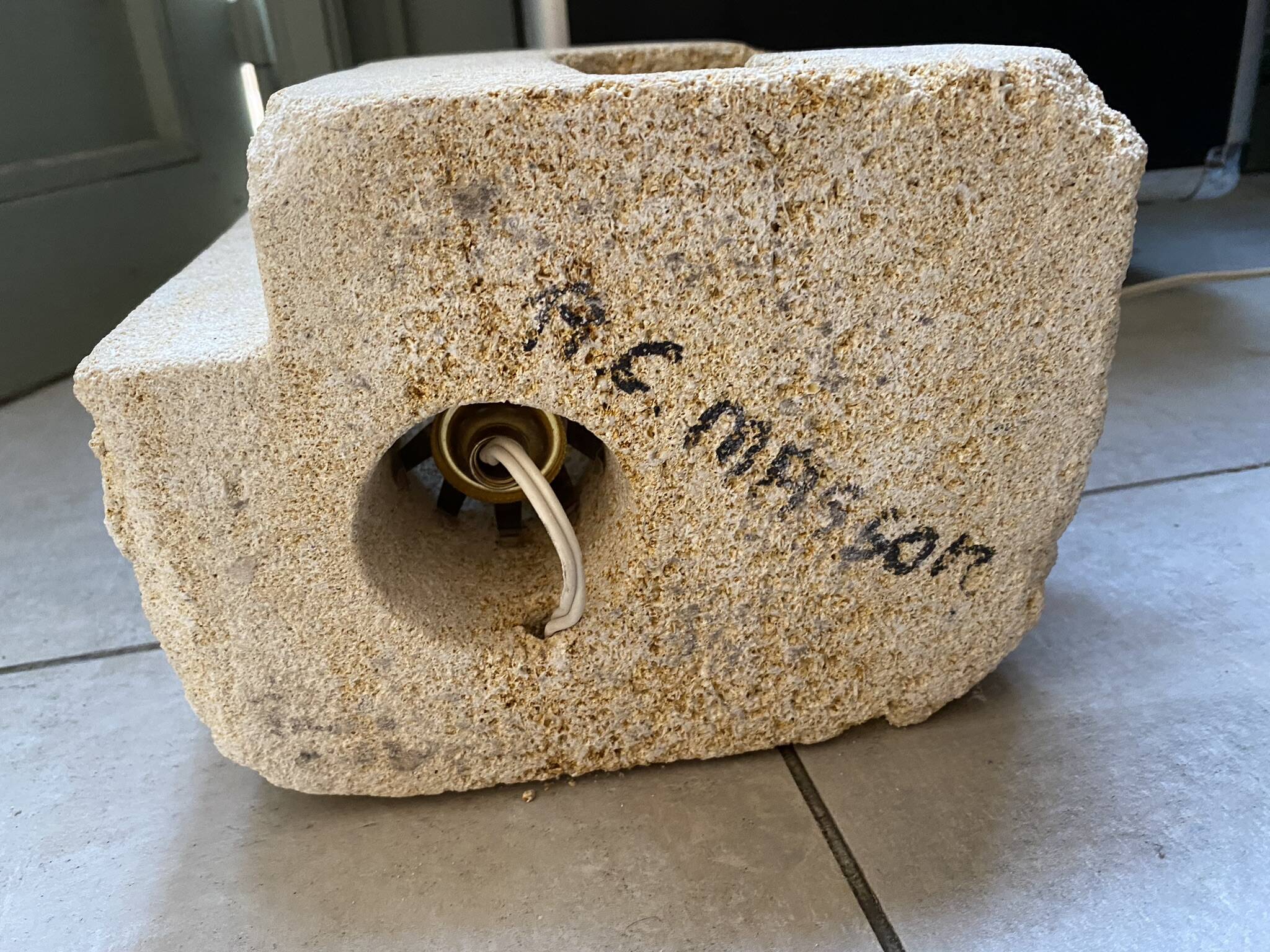 Brutalist limestone lamp signed AC Masson 1970