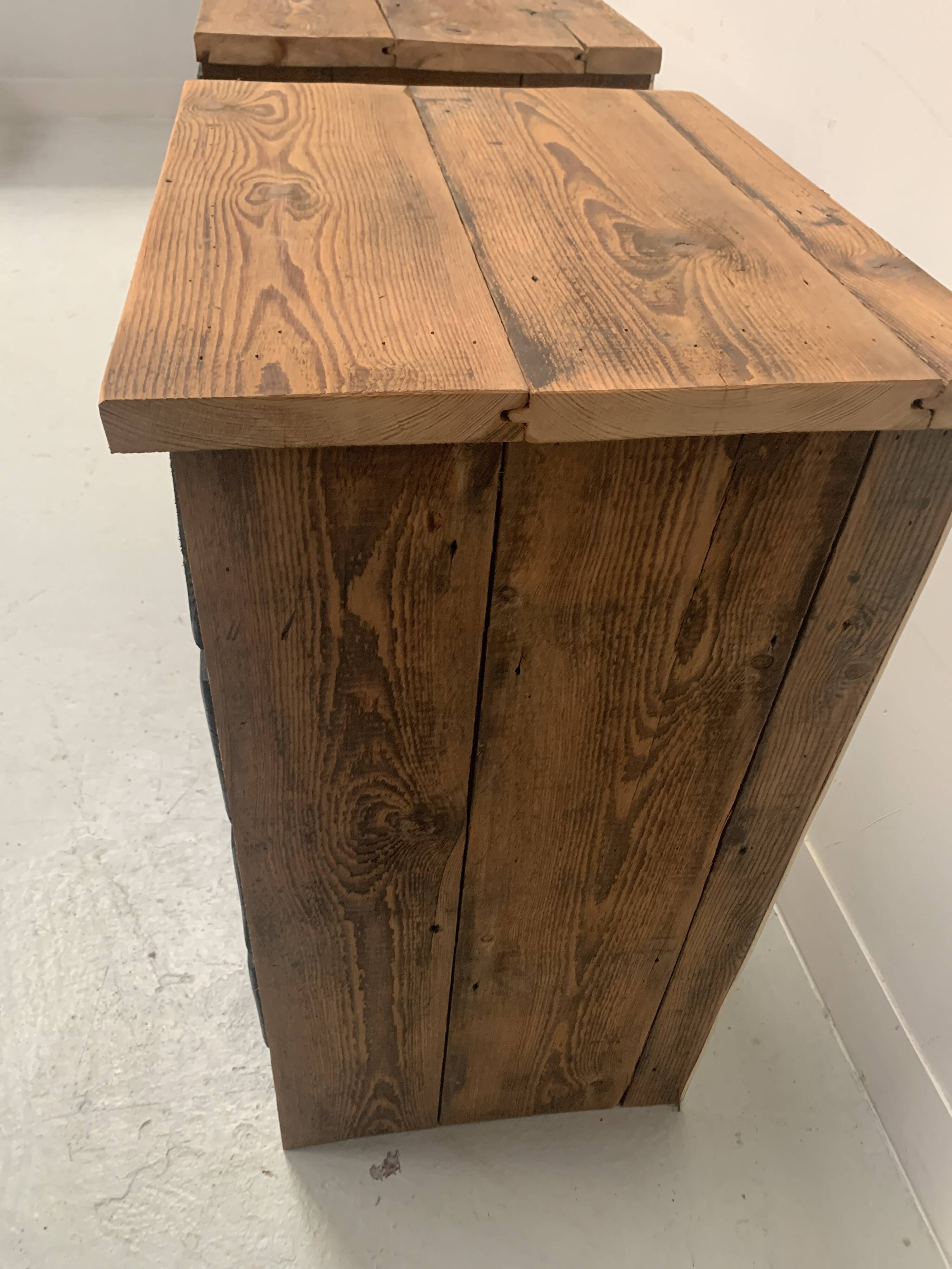 Pair of small brutalist chests of drawers in patinated fir, 20th century.