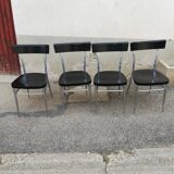 Set of 4 vintage chairs chrome and black wood