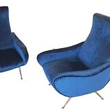 Fauteuils en velours bleu du milieu du siècle, lot de 2