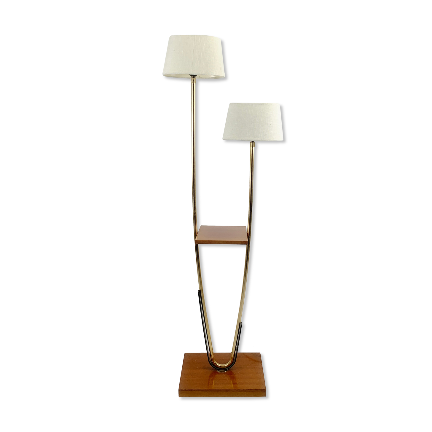 Lampadaire 2 feux vintage bois vernis et metal doré