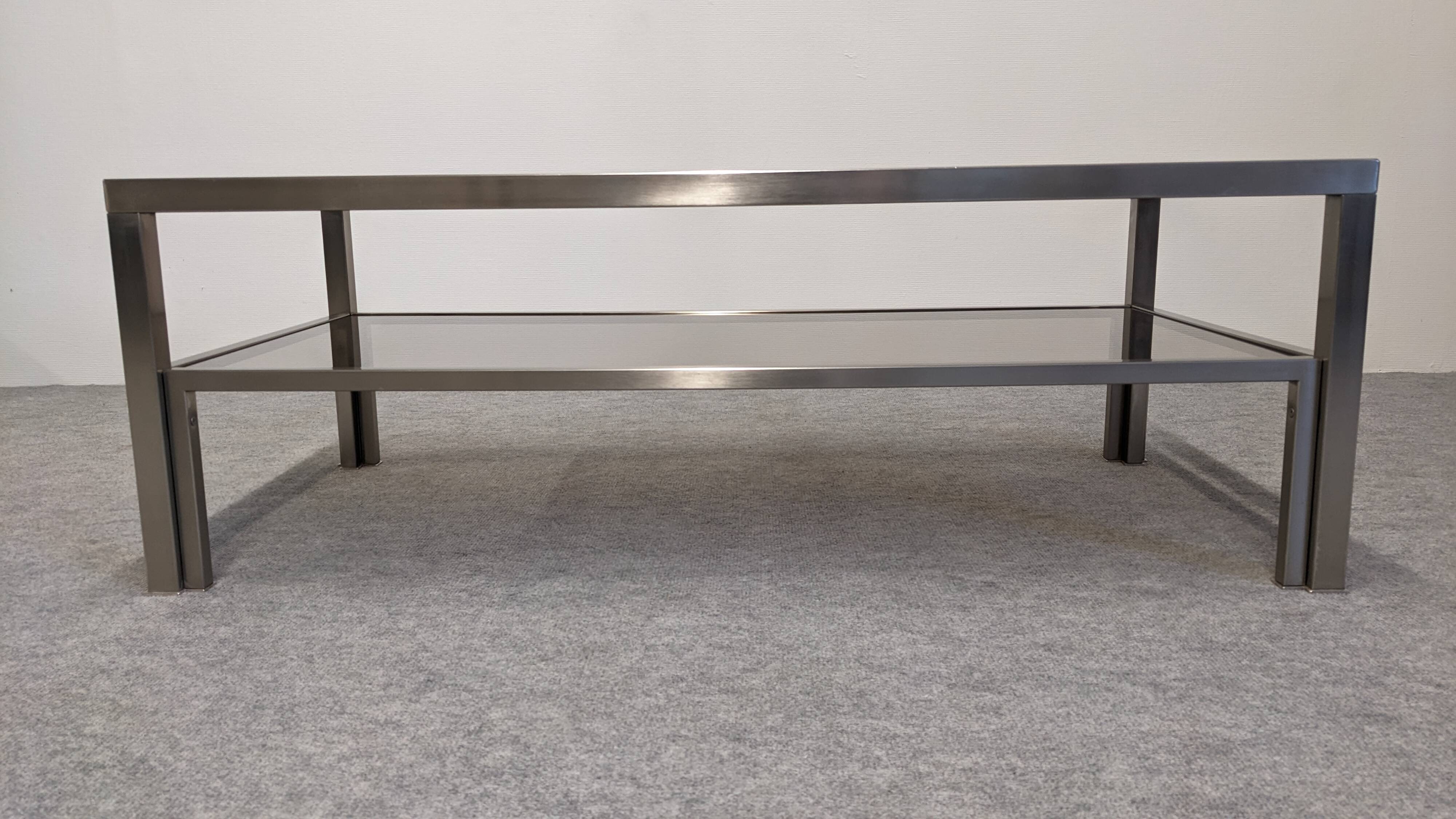 Table basse à 2 plateaux en inox brossé et verre fumé, France vers 1970