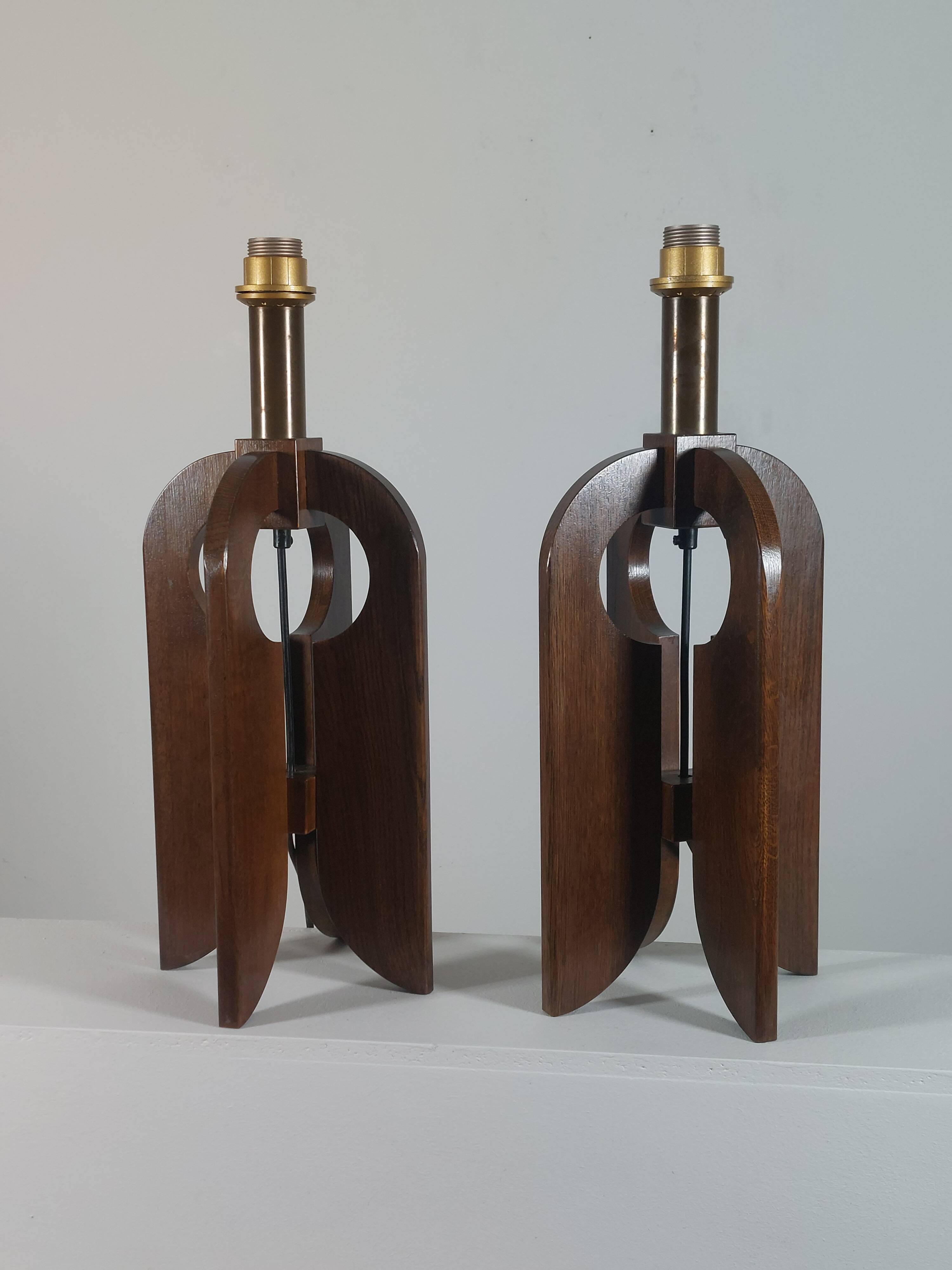 Very rare vintage pair of wooden table lamps by Temde