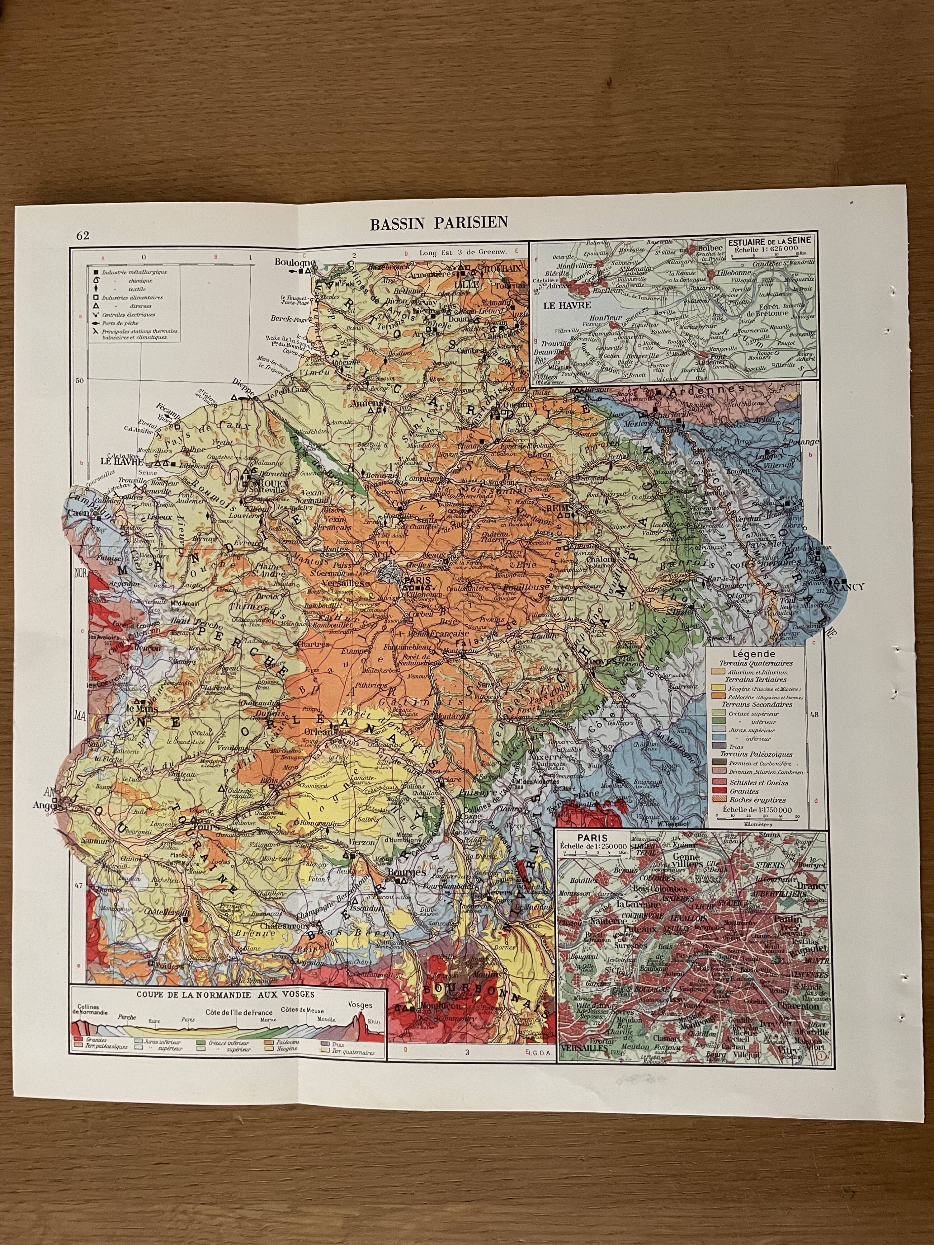 Ancicenne map of the paris basin paris from 1945