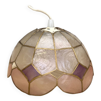 Pendant lamp in mother-of-pearl and brass arlequin pink