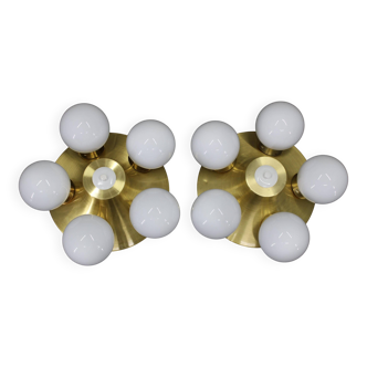 Pair of mid-century brass flush mount lights, 1970s