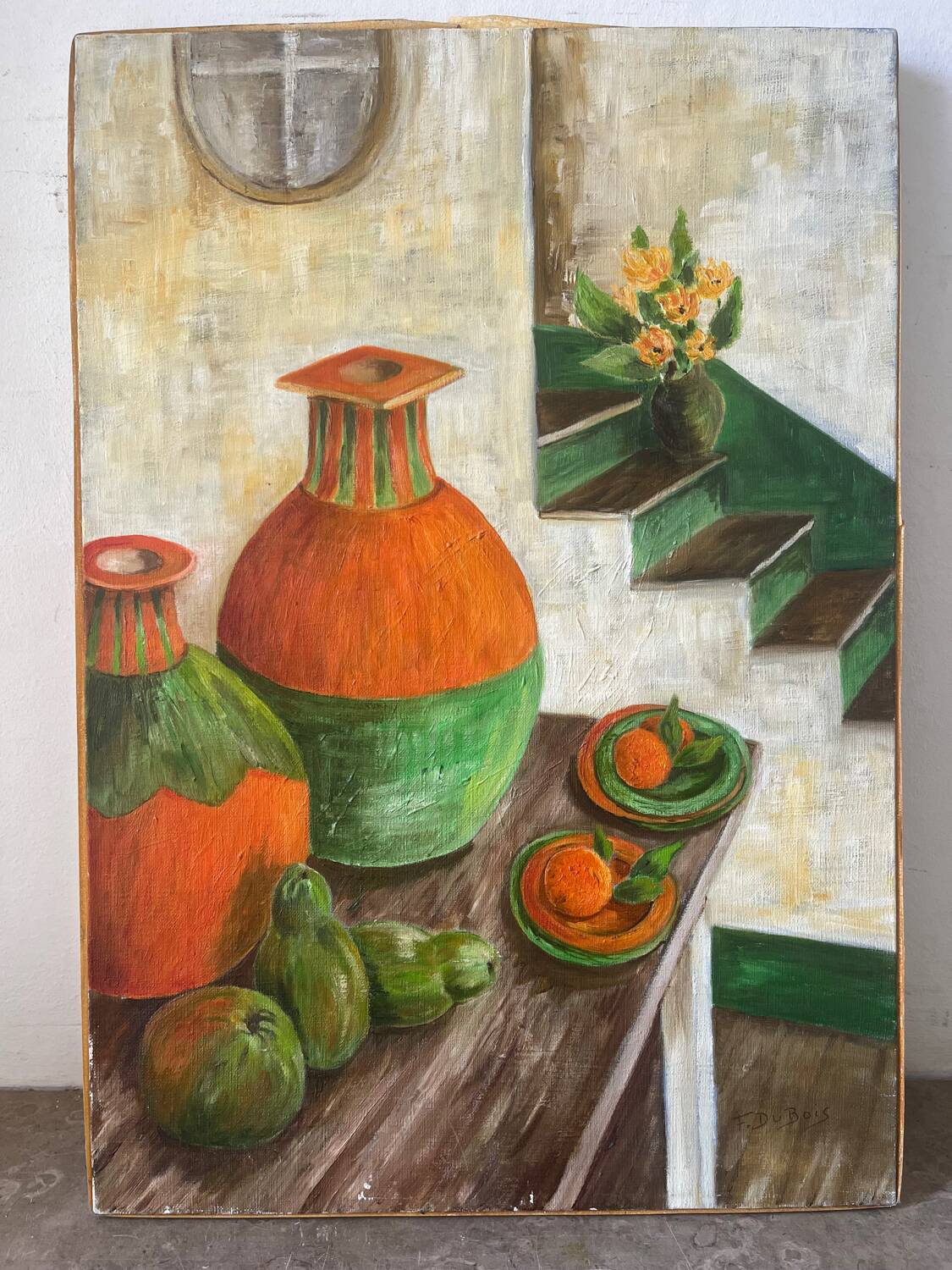 Still life and staircase, signed