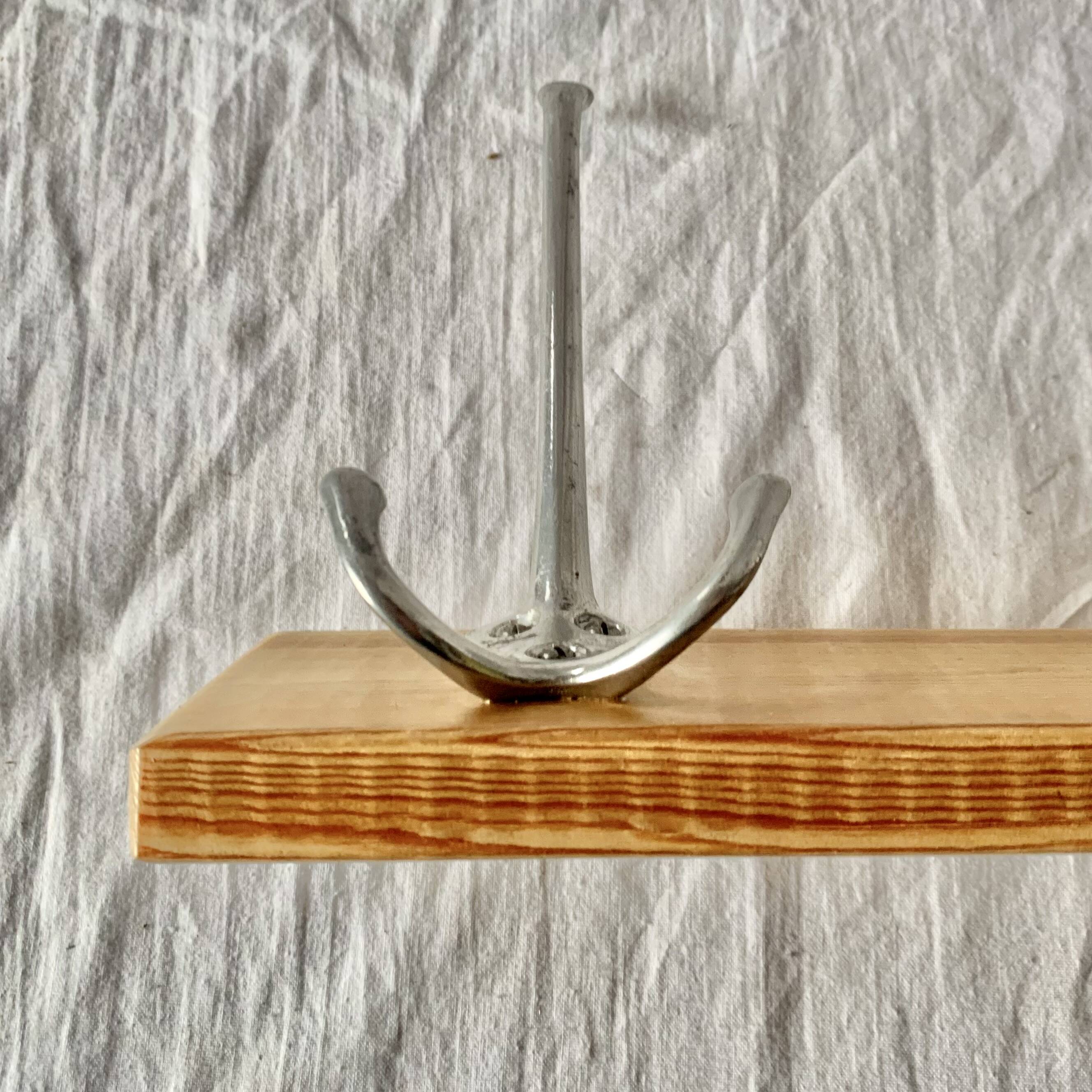 Vintage wooden coat rack - 4 cast aluminum hooks