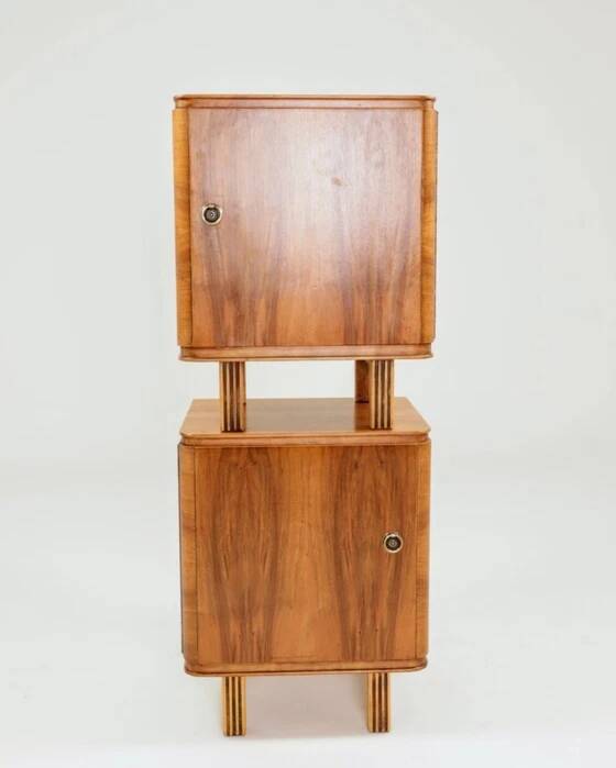 Pair of antique Art Deco bedside tables, walnut veneer, refurbished
