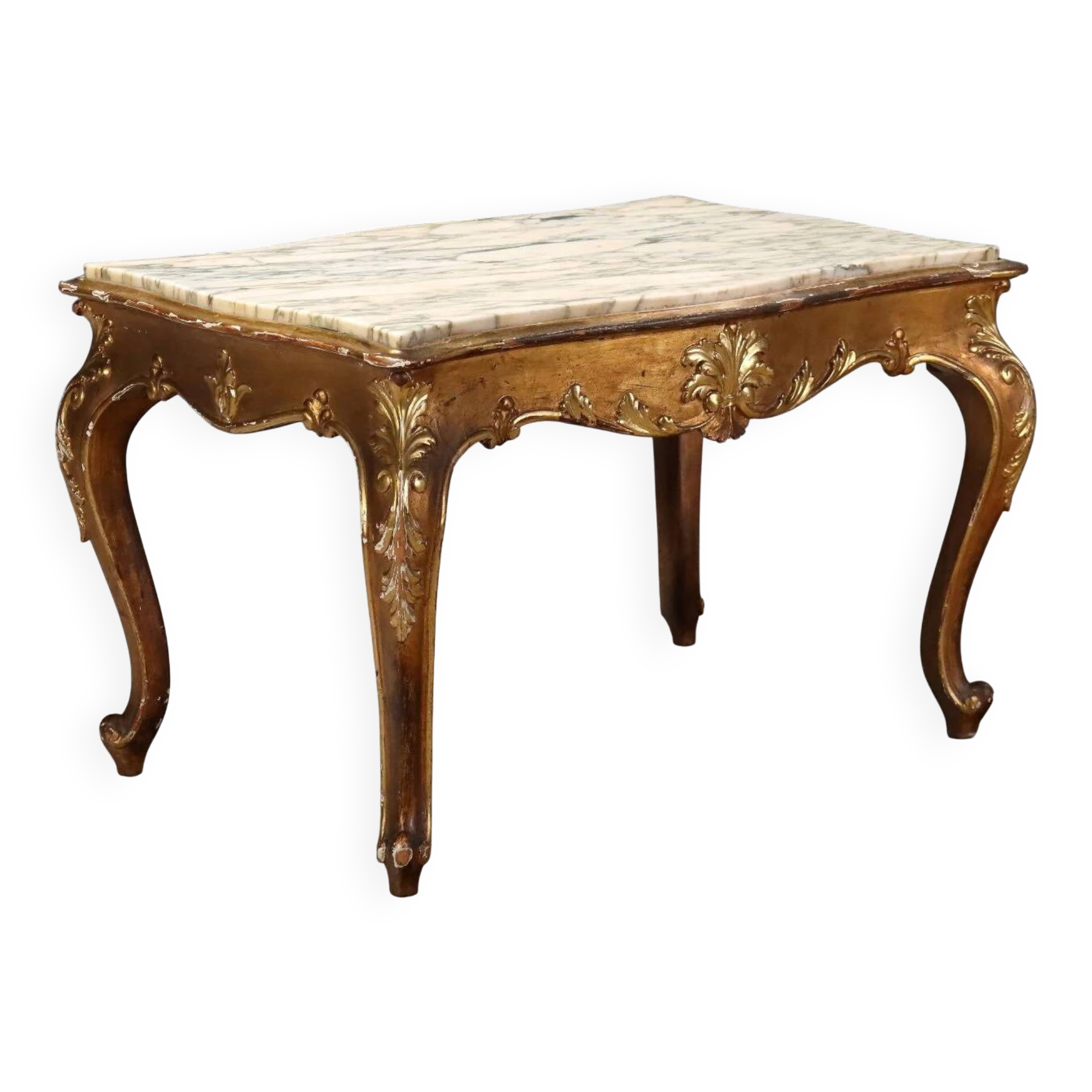 Small antique baroque-style table in carved fir and marble from the 19th century.