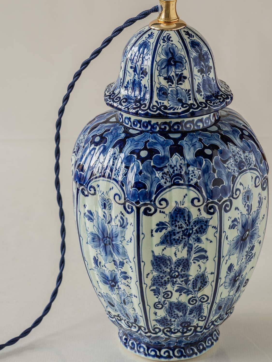 Hand-Painted Ceramic Table Lamp in Delft Blue and White with Ikat Shade