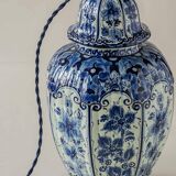 Hand-Painted Ceramic Table Lamp in Delft Blue and White with Ikat Shade