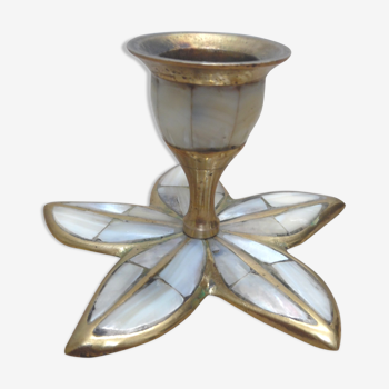 Candlestick in brass and mother-of-pearl