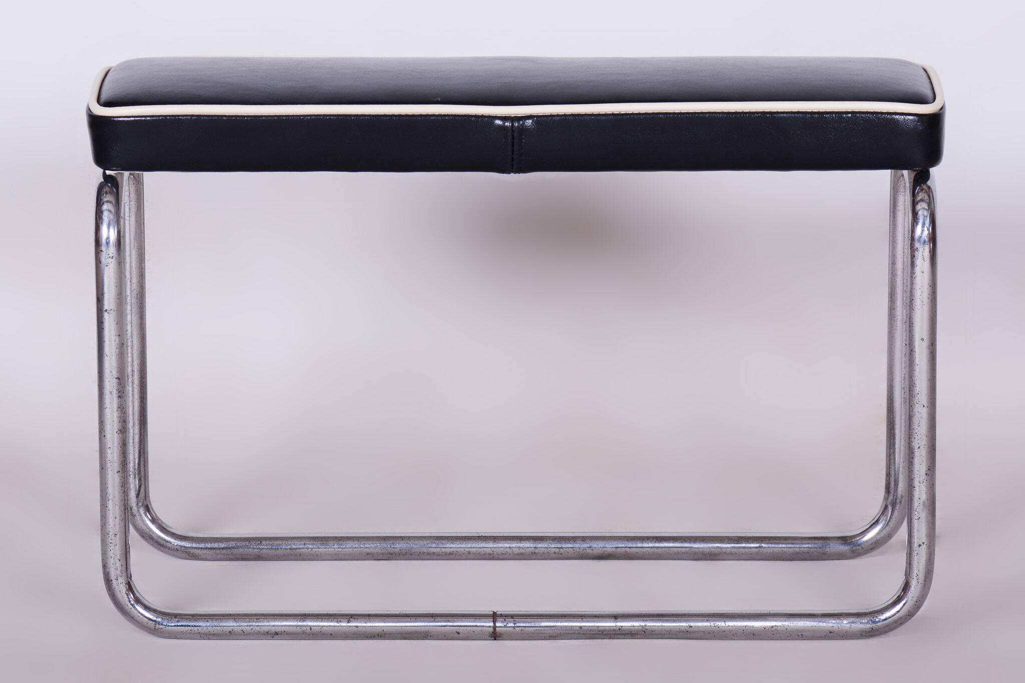Restored Bauhaus Stool, High Quality Italian Leather, Chrome, Czechia, 1930s