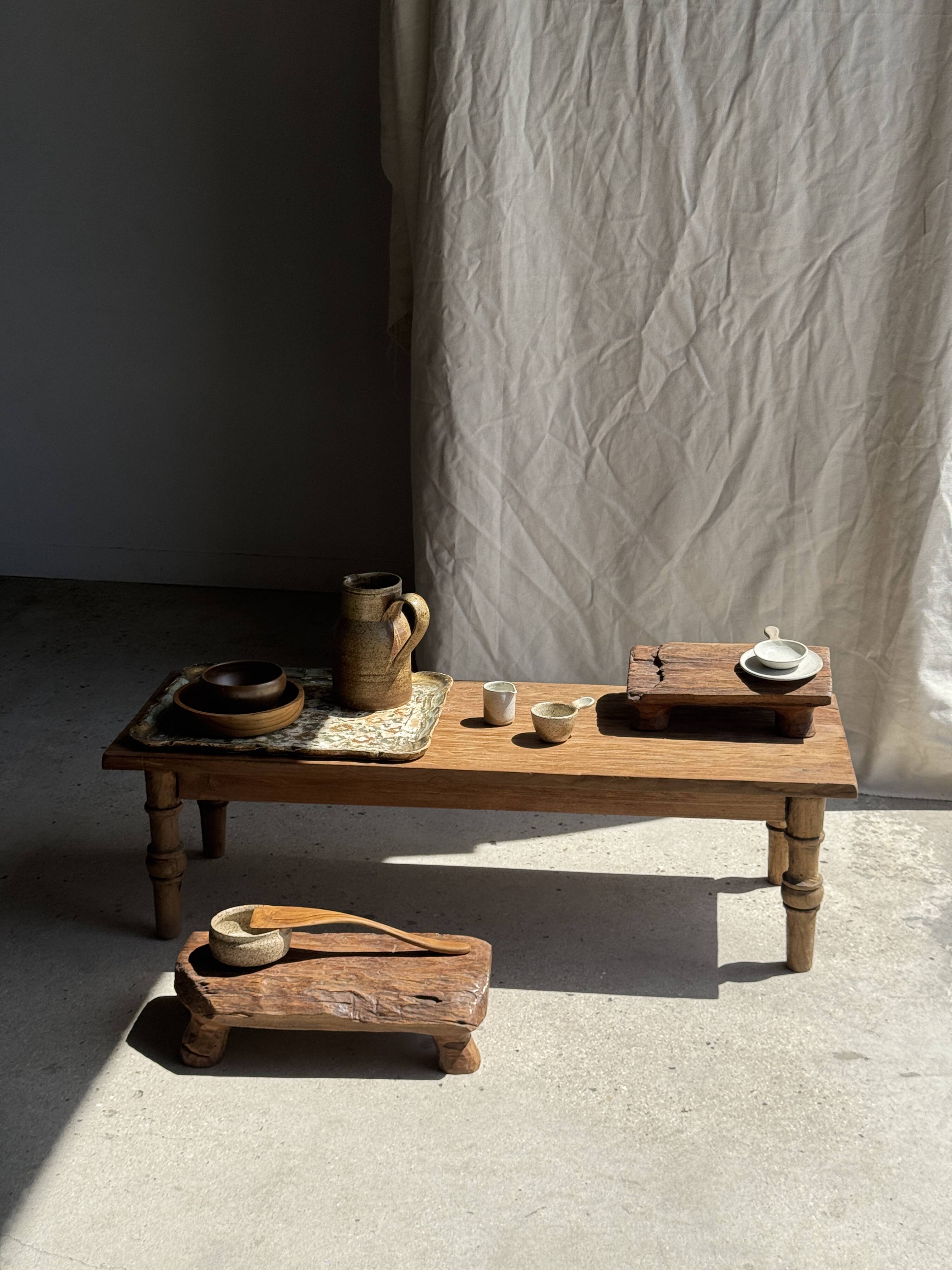 Small stool, footrest in organic blond teak monoxyle wabi-sabi L22