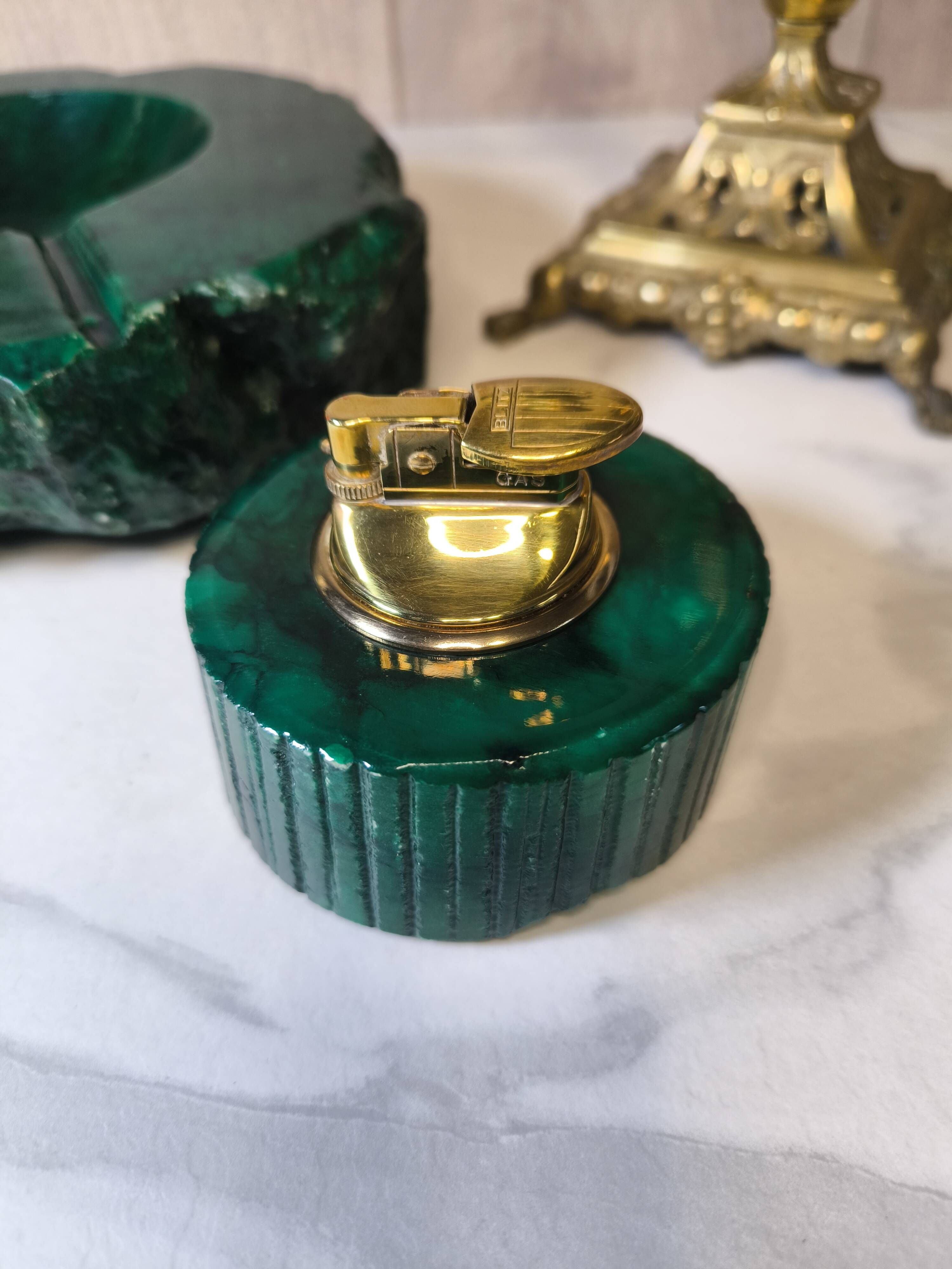Vintage 70's Desk Set in Green Alabaster Malachite - 3 Pieces - Ita