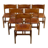 Set of 6 Maison Regain Chairs - Solid Elm and Fawn Leather - Circa 70