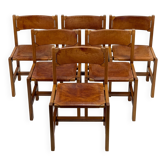 Set of 6 Maison Regain Chairs - Solid Elm and Fawn Leather - Circa 70