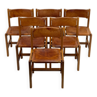 Lot de 6 Chaises Maison Regain - Orme Massif et Cuir Fauve - Circa 70