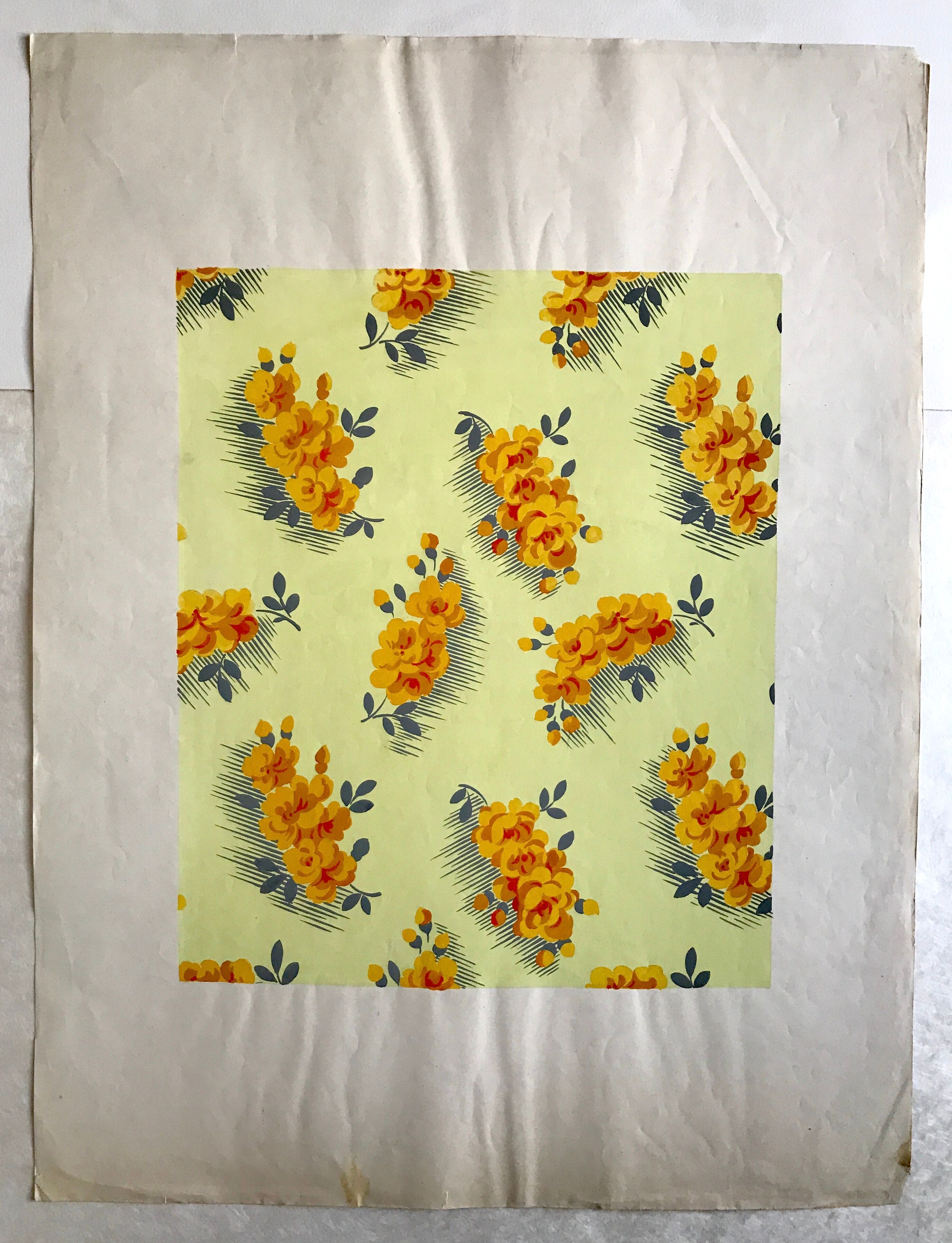 Original gouache on paper from Editions JEHLEM, floral decoration (yellow), twentieth century, Paris