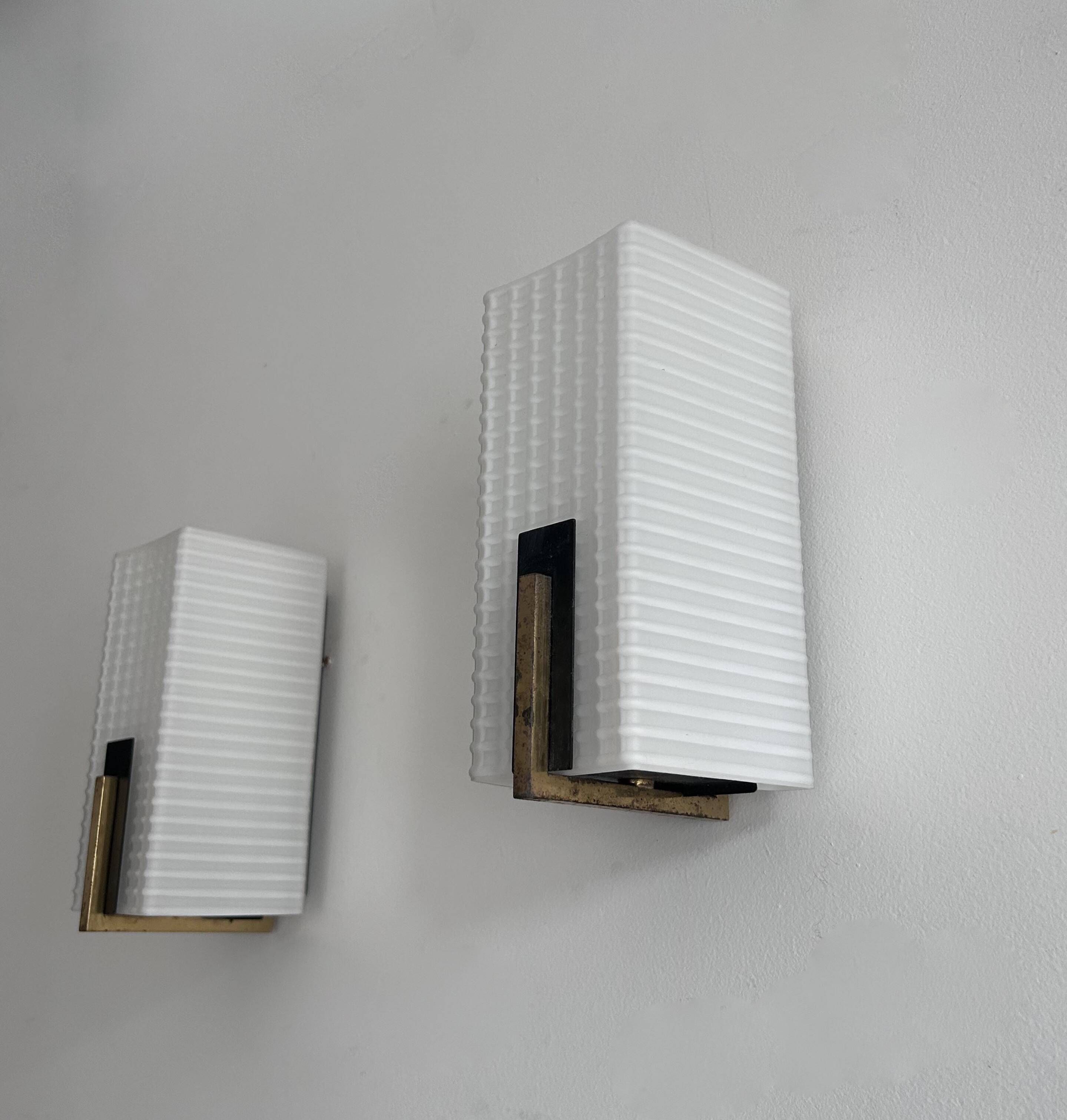 Pair of vintage wall lights, brass and opaline, France 1960