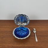 Silver-plated metal shell butter dish with blue insert, 1970