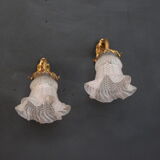 Paire d'appliques murales en laiton tulipe ancienne en verre vintage