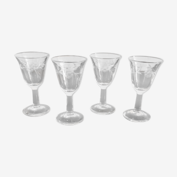 4 verres digestifs sur pieds tulipe gravé vintage