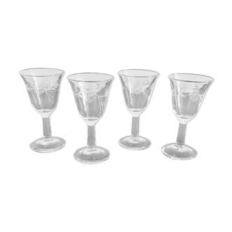 4 verres digestifs sur pieds tulipe gravé vintage