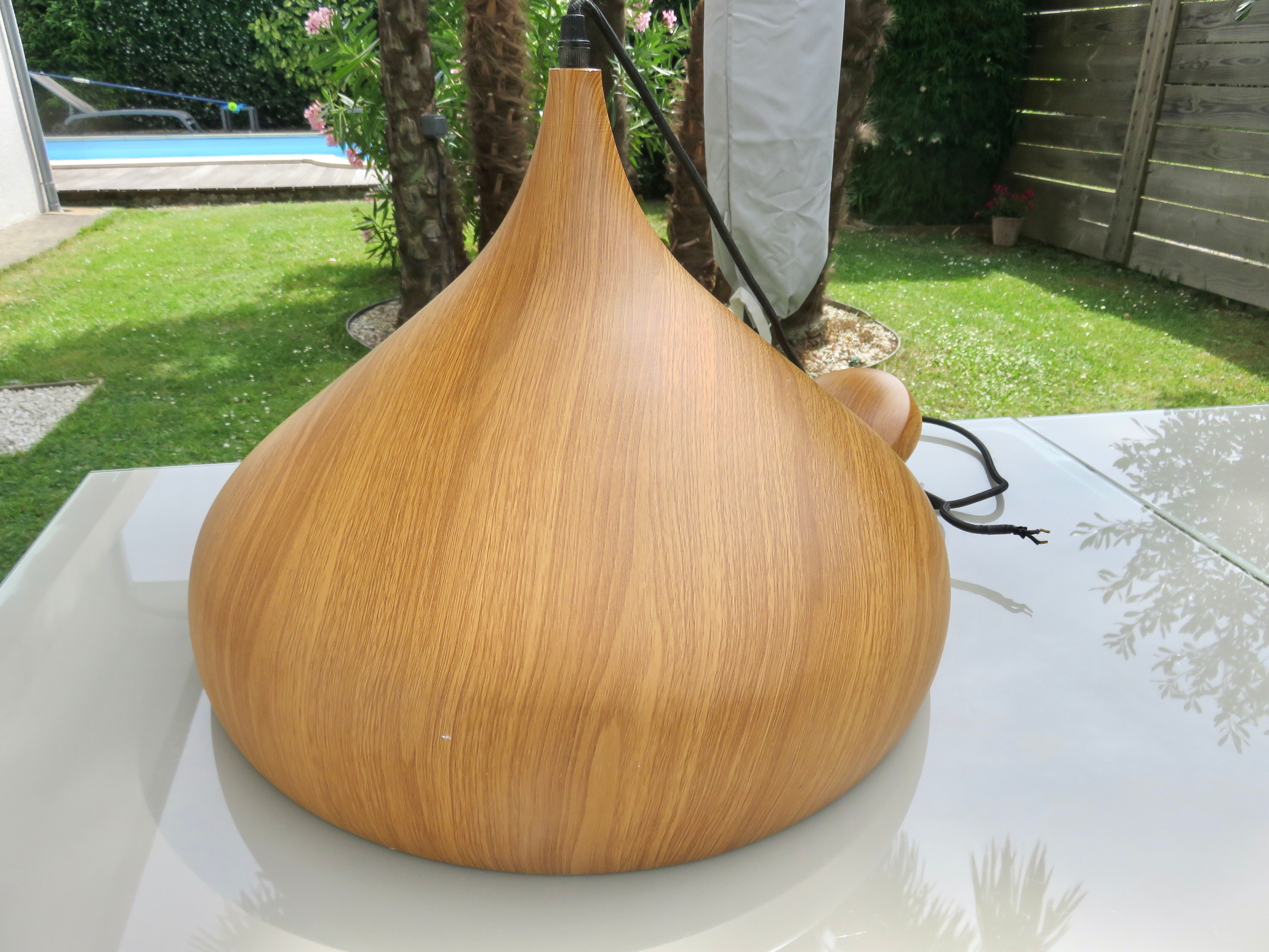 Scandinavian metal pendant light with a faux wood finish, 1980s.